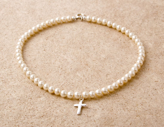 Glass Pearl Cross Charm Necklace